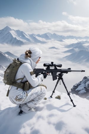 8K, UHD, cinematic, hyper-realistic, 3/4 back
perspective view, (girl sniper:1.1) (white snowwear with hoody:1.1) (white sniper rifle:1.1) Barrett MRAD, white camouflage pants, white backpack, (laying down prone:1.1) on snowy mountain, aiming target, under white camo net, overlooking many enemy hike,  masterpiece, aesthetic, depth, heavy snow fall, atmospheric mist, hazy environment