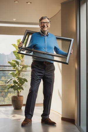8K, UHD, ultra super wide-angle shot, photo-realistic, cinematic, Bill gates carrying a window, HighDynamicRange,contours,High- sharpness,Anatomical correct,textureskin
