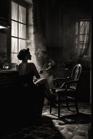 8K, UHD, low-light shot, ultra high-shadow, super dark, portrait, photo-realistic, cinematic, pure B&W photo, profile of a woman, kitchen, cigar smoke, floor, chair, drapes, looking in mirror,  body part, vintage boudour, elegant posture, partial, abstract, thought-provoking, mysterious