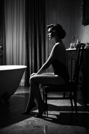 8K, UHD, low-light shot, ultra high-shadow, super dark, portrait, photo-realistic, cinematic, pure B&W photo, profile of a woman, bathroom, floor, chair, drapes, looking in mirror,  body part, vintage boudour, elegant posture, partial, abstract, thought-provoking, mysterious