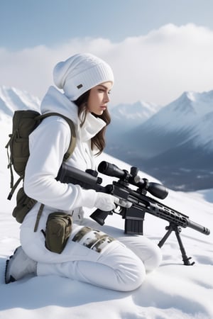 8K, UHD, cinematic, hyper-realistic, 3/4
perspective view, (girl sniper:1.1) (white snowwear with hoody:1.1) (white camouflage sniper rifle:1.1) Barrett MRAD, white camouflage pants, white bag, (position prone:1.1) on snowy mountain, overlooking enemy basecamp,  masterpiece, aesthetic, depth, snowfall, atmospheric mist, hazy environment