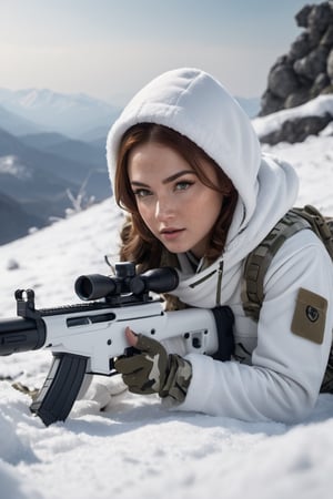 8K, UHD, cinematic, photo-realistic, detailed freckled face, 3/4 back perspective view, (girl sniper:1.1) (white snowwear with hoody:1.1) (white sniper rifle:1.1) Barrett MRAD, white camouflage pants, white backpack, (laying down prone:1.1) on snowy mountain, target crosshair, under white camouflage net, aiming at enemy platoon,  masterpiece, aesthetic, depth, heavy snow fall, atmospheric mist, hazy environment