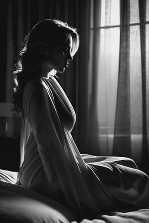 8K, UHD, low-light shot, ultra high-shadow, super dark, double-exposure, portrait, photo-realistic, cinematic, B&W photo, profile of a woman, bed, chair, drapes, hot body boudour, unique posture, partial, abstract, thought-provoking, hidden
