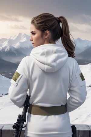 8K, UHD, cinematic, photo-realistic, view through scope, Barrett MRAD (target crosshair:1.1) (sniper rifle:0.9) aiming at army base, prone position back view, masterpiece, aesthetic, depth, heavy snow mountaintop, girl in white winterwear with hoody, white camouflage pants, detailed freckled face, atmospheric mist, hazy environment