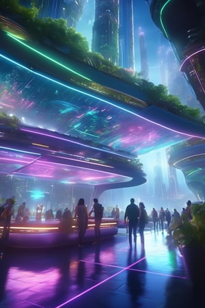 8K, UHD, cinematic, photo-realistic, 3/4 perspective view, world where technology and nature intertwine seamlessly, (flying vehicles:1.1) futuristic metropolis, skyscrapers adorned with verdant greenery, people walking in street, organic and synthetic structures, holographic interfaces float in the air, skyline symphony of neon and bioluminescence, dark night environment, night scenes, atmospheric mist,xxmixgirl,mj