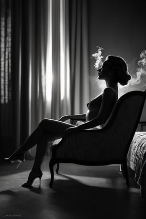 8K, UHD, low-light shot, ultra high-shadow, super dark, double-exposure, portrait, photo-realistic, cinematic, B&W photo, profile of a woman, bed, floor, chair, drapes, loungechair, all-four, hot body part, boudour, unique posture, cigar smoke, partial, abstract, thought-provoking, intrigue