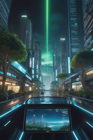 8K, UHD, cinematic, hyper-realistic (1st-person view:1.1) from inside flying car, world where technology and nature intertwine, unsymmetrical messy buildings, city upon city (flying vehicles:1.1) futuristic metropolis, skyscrapers adorned with verdant greenery, people walking in street, organic and synthetic structures, holographic billboards floating in the air, neon and bioluminescence, dark night environment, night scenes, atmospheric mist,arien photography