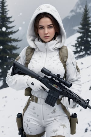 8K, UHD, cinematic, photo-realistic, back perspective view, (white female snowwear with hoody)detailed freckled face, (MRAD sniper rifle:1.1) white camouflage pants, white backpack, (ground prone:1.1) on snowy mountain, under white camouflage net, pointing crosshair at enemy platoon afar, masterpiece, aesthetic, depth, heavy snow fall, atmospheric mist, hazy environment