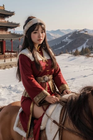 masterpiece, best quality, 1girl, solo, ((beautiful chinese female)), round pupils, long hair, ros cheeks, ancient princess riding a horse, on a snowy mountain field with pine trees, Mongolia costume and traditional winter fur hat, (detailed) (intricate) (8k) (HDR) (cinematic lighting) (sharp focus)
