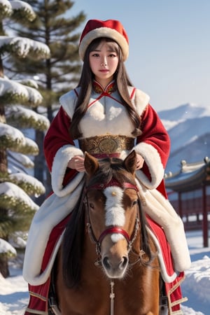 masterpiece, best quality, 1girl, solo, ((beautiful chinese female)), round pupils, long hair, ros cheeks, ancient princess riding a horse, on a snowy field with pine trees, Mongolia costume and traditional winter fur hat, (detailed) (intricate) (8k) (cinematic lighting) (sharp focus)