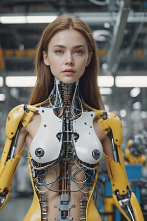8K, UHD, ultra super wide-angle shot, photo-realistic, cinematic, multiple Mechanical Girls in assembly plant, Mechanical limbs, Tubes connected to internal mechanical parts, Mechanical vertebrae skin, ultimate-realistic eyes, Mechanical neck, ribs, pulvic and ankle, body skin wrapped over, Wires and cables connecting to the head, very pretty girl, HighDynamicRange,contours,High- sharpness,Anatomical correct,textureskin