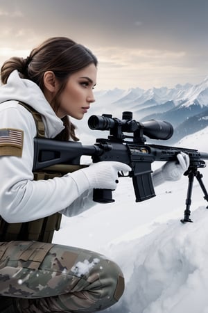 8K, UHD, cinematic, hyper-realistic, view through scope, Barrett MRAD (target crosshair:1.1) (sniper rifle:0.9) aiming at army person, masterpiece, aesthetic, depth, heavy snow mountaintop, girl in white winterwear with hoody, atmospheric mist, hazy environment