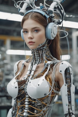 8K, UHD, ultra super wide-angle shot, photo-realistic, cinematic, (multiple Mechanical Girls:1.1) in assembly plant, Mechanical limbs, Tubes connected to internal mechanical parts, Mechanical vertebrae skin, ultimate-realistic eyes, Mechanical neck, ribs, pulvic and ankle, body skin wrapped over, Wires and cables connecting to the head, very pretty girl, HighDynamicRange,contours,High- sharpness,Anatomical correct,textureskin