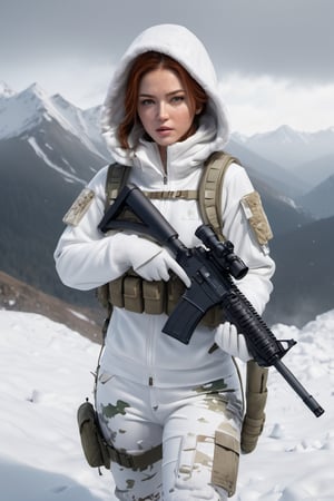 8K, UHD, cinematic, photo-realistic, detailed freckled face, back perspective view, (white female snowwear with hoody) (white Barrett MRAD:1.1) white camouflage pants, white backpack, (position prone:1.1) on snowy mountain, target crosshair, under white camouflage net, aiming at enemy platoon afar,  masterpiece, aesthetic, depth, heavy snow fall, atmospheric mist, hazy environment