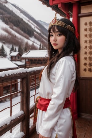 masterpiece, best quality, 1girl, solo, ((beautiful chinese female)), round pupils, long hair, floating hair, ancient mongolian princess, on a snowy mountain, cabin with pine trees in the background, mongolian costume, chiffon (detailed) (intricate) (8k) (HDR) (cinematic lighting) (sharp focus)