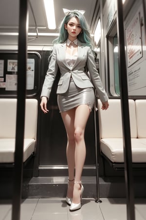 Best quality, raw photo, photorealism, UHD), (huge breasts), (highly detailed Caucasian skin:1.2), 
1girl, solo, A female professional with a model-like figure, standing inside a subway car,
Long hair,  green eyes,full body, hair bow, grey hair, gray pencil skirt, gray suit jacket,  white shirt,black stockings,  white high heels,Perfect body structure, perfect face, perfect hand, perfect finger, perfect feet,Young beauty spirit ,1 girl