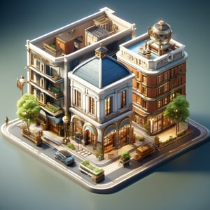 8k, RAW photos, top quality, masterpiece: 1.3),
two apartment and a plaza ,Corner ten-story apartment building, sloped seven-story apartment building, plaza market
, miniature, landscape, depth of field, ladder,  from above, English text,architecture, tree, potted plants, isometric style, simple background, white background,3d isometric,steampunk style,ff14bg,DonMSt33lM4g1cXL