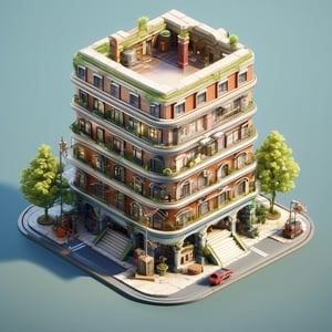 8k, RAW photos, top quality, masterpiece: 1.3),
Corner ten-story apartment building, sloped seven-story apartment building, plaza market
, miniature, landscape, depth of field, ladder,  from above, English text,architecture, tree, potted plants, isometric style, simple background, white background,3d isometric,steampunk style,ff14bg,DonMSt33lM4g1cXL
