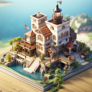 8k, RAW photos, top quality, masterpiece: 1.3),
The tallest layer with a lighthouse in the center, a mansion, and at the bottom a wooden board with a dock holding a sailboat
, miniature, landscape, depth of field, ladder,  from above, English text,architecture, tree, potted plants, isometric style, simple background, white background,3d isometric,steampunk style,ff14bg,DonMSt33lM4g1cXL