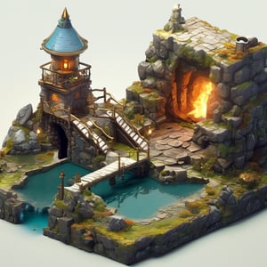 8k, RAW photos, top quality, masterpiece: 1.3),
A fantasy Dwarf Fortress
, miniature, landscape, depth of field, ladder,  from above, English text,Ore, cave, torch,Underground lake, isometric style, simple background, white background,3d isometric,steampunk style,ff14bg,DonMSt33lM4g1cXL,DonMD0n7P4n1cXL