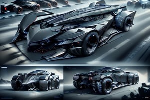 8k, RAW photos, top quality, masterpiece: 1.3),Transforming,
batmobile,
High-powered vehicle,
Low chassis,
black ,
Grey,
Dark colors,Armored Vehicle,6-wheeled, stealth, concept vehicle, Bat elements, counter-tracking,Concealed wheels,
