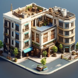 8k, RAW photos, top quality, masterpiece: 1.3),
two apartment and a plaza ,Corner ten-story apartment building, sloped seven-story apartment building, plaza market
, miniature, landscape, depth of field, ladder,  from above, English text,architecture, tree, potted plants, isometric style, simple background, white background,3d isometric,steampunk style,ff14bg,DonMSt33lM4g1cXL