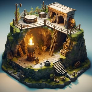8k, RAW photos, top quality, masterpiece: 1.3),
medieval era ,Mine shaft underground
, miniature, landscape, depth of field, ladder,  from above, English text,Ore, cave, torch,Underground lake, isometric style, simple background, white background,3d isometric,steampunk style,ff14bg,DonMSt33lM4g1cXL,DonMD0n7P4n1cXL