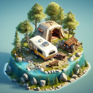 8k, RAW photos, top quality, masterpiece: 1.3),
 forest camping area,tent,recreational vehicle,campfire,lake shore,rocks,trees
, miniature, landscape, depth of field, ladder,  from above, English text, isometric style, simple background, white background,3d isometric,steampunk style,ff14bg,DonMSt33lM4g1cXL,DonMD0n7P4n1cXL