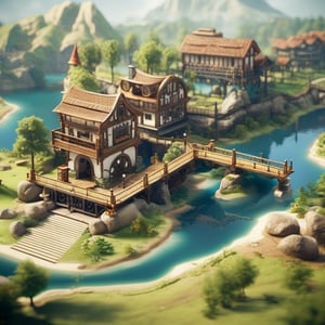 8k, RAW photos, top quality, masterpiece: 1.3),

A river passes through three lakes, with iron and wooden bridges connecting the riverbanks to a tourist city. The lakes have small docks and boats
, miniature, landscape, depth of field, ladder,  from above, English text, isometric style, simple background, white background,3d isometric,steampunk style,ff14bg,DonMSt33lM4g1cXL,DonMD0n7P4n1cXL