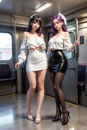 Best quality, raw photo, photorealism, UHD), (huge breasts), (highly detailed Caucasian skin:1.2), 
multiple girls,  two females professional with a model-like figure, standing inside a subway car,
(Long hair,  green eyes,full body, hair bow, white hair, )
(shoulder-length short hair, looking at viewer, red eyes, full body, purple hair,)
gray pencil skirt , white off-shoulder top , black stockings ,  high heels,
Perfect body structure, perfect face, perfect hand, perfect finger, perfect feet,Young beauty spirit , 2 girls , multiple girls