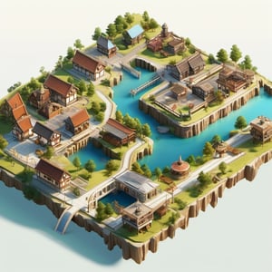 8k, RAW photos, top quality, masterpiece: 1.3),

A river passes through three lakes, with iron and wooden bridges connecting the riverbanks to a tourist city. The lakes have small docks and boats
, miniature, landscape, depth of field, ladder,  from above, English text, isometric style, simple background, white background,3d isometric,steampunk style,ff14bg,DonMSt33lM4g1cXL,DonMD0n7P4n1cXL