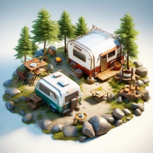 8k, RAW photos, top quality, masterpiece: 1.3),
 forest camping area,tent,recreational vehicle,campfire,lake shore,rocks,trees
, miniature, landscape, depth of field, ladder,  from above, English text, isometric style, simple background, white background,3d isometric,steampunk style,ff14bg,DonMSt33lM4g1cXL,DonMD0n7P4n1cXL