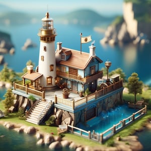 8k, RAW photos, top quality, masterpiece: 1.3),
The tallest layer with a lighthouse in the center, a mansion, and at the bottom a wooden board with a dock holding a sailboat
, miniature, landscape, depth of field, ladder,  from above, English text,architecture, tree, potted plants, isometric style, simple background, white background,3d isometric,steampunk style,ff14bg,DonMSt33lM4g1cXL