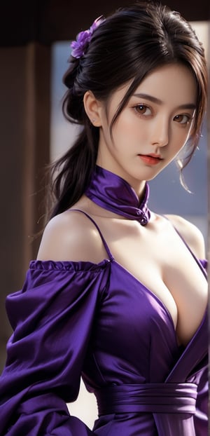 Upper body, best quality, 4K, masterpiece, aesthetic, 8K, 1 girl, full_body, full subject in shot, solo, alone, UHD drawing, ultra quality, sfw, perfect hands, detailed, very detailed, ultra detailed, perfect head, perfect light, perfect eyes, minamoto no raikou (fate), low-tied long hair, purple eyes, high collar, gloves, japanese clothes,low-cut dress ,Cleavage cutout,loincloth, (breast curtain), ribbed sleeves, rope, violet bodysuit, Japanese buildings, {playful smile}, looking at viewer, smile,(oil shiny skin:1.0), (big_boobs:1.5), willowy, chiseled, (hunky:1.6),(( body rotation 120 degree)), (upper body:2),(perfect anatomy, prefecthand, dress, long fingers, 4 fingers, 1 thumb), 9 head body lenth, dynamic sexy pose, breast apart, (artistic pose of awoman),(PnMakeEnh),photo r3al,soakingwetclothes,NIJI STYLE,better photography,minimalist hologram,abyssaltech ,glow,chrometech,xxmix_girl