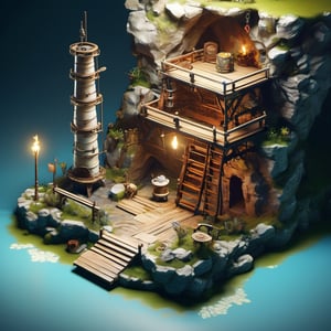 8k, RAW photos, top quality, masterpiece: 1.3),
medieval era ,Mine shaft underground
, miniature, landscape, depth of field, ladder,  from above, English text,Ore, cave, torch,Underground lake, isometric style, simple background, white background,3d isometric,steampunk style,ff14bg,DonMSt33lM4g1cXL,DonMD0n7P4n1cXL
