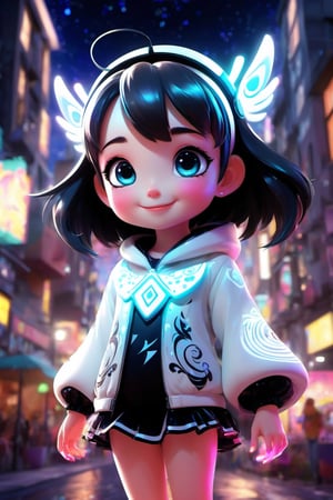 LoA vibrant, animated illustration of the Hada Bebe character, adorned in a multicolored, glowing outfit with phosphorescent lights. The character's face is illuminated, showing a beaming smile as their eyes sparkle. The background is a captivating blend of cinematic elements, including a cityscape, a 3D render, and a painting-inspired sky. The overall ambiance is lively, with a touch of whimsy, as if it's straight out of an anime series. Black and white wallpaper 