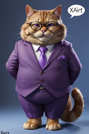 Brown fat cat, friendly face, smiling, wearing a Purple suit, text"xAIrt",with glasses