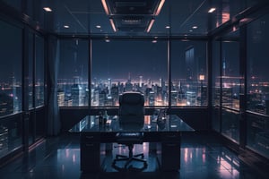 highly detailed, cozy low lights, night charming, night ambience,opulent large office, window glass wall, luxury chairman presidential room, megalopolis at night background, ultra detailed office, very chic, futuristic office, skyscraper night lights
