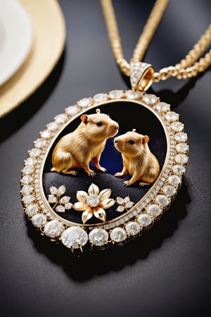 The diamond necklace is in the shape of a oval with two baby capybara in it.