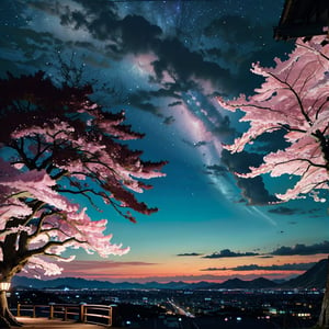 Rear view,space sky, milky way, anime style, cherry blossoms,夜cherry blossoms,Cherry blossoms fluttering all around,Night view of the city from the mountainside,pastelbg,firefliesfireflies,Nature,FFIXBG