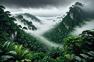 (Hyper Realistic), highest quality, 8k, HD, fantasy, cloudy, green jungle, thick fog, mystery, lush green, gloomy
