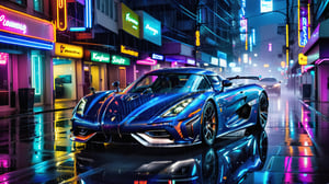 wallpaper featuring a Dark Blue Koenigsegg Regera supercar racing through the rain-soaked streets of a neon light city at night, with neon lights reflecting off the wet pavement and raindrops streaking past the car's headlights, capturing the thrill of a nighttime downpour,