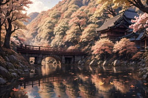 Japan, autumn blossoms, autumn_petals,masterpiece, best quality, aethetic,, watercolor,butterflies,fall_leaves