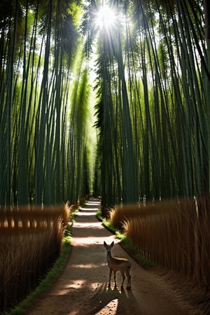 Deep within the bamboo forest, tall green lush trees, ferns, and flowers, along with animal life, blanket the forest floor. Sunset warm light streams through the tree canopy, creating a scene that is both beautiful and serene, as rain softly descends. deer in the background,,inch0226b