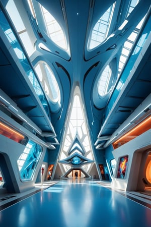 Front view of a (futuristic museum:1.4) with (an amazing and captivating abstract architecture:1.4), light rays, blue theme. Sharp details. Highest quality, detailed, original photo, trendy, vector art, vintage, award-winning. Wide shot, sharp focus, bright shiny blue small room, many colorful artworks hanged on the walls, artint, art_booster