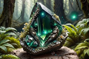 A photorealistic image of a massive, otherworldly gem formed from rough, greenish crystals. The outer portion of the gem is encased in a dark, mottled meteorite stone. Embedded within the transparent core of the crystal are fragments of never-before-seen alien technology, featuring a blend of organic and mechanical components with glowing elements and intricate circuitry. Setting crashed landing in the vastness of green forest, grass and flower on surrounding. The image is high quality and high resolution, with a focus on capturing the realistic textures and details of each element. The lighting is dramatic, highlighting the different aspects of the gem,Extremely Realistic