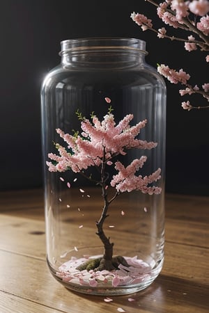 High resolution, full detailed, better image quality,16k, ultrara definition,ultra-realistic,

Create a mini sakura tree falling petals inside a jar