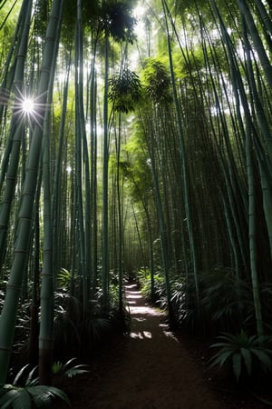 Deep within the bambooforest, tall green lush trees, ferns, and flowers, along with animal life, blanket the forest floor. Sunlight streams through the tree canopy, creating a scene that is both beautiful and serene, as rain softly descends. deer in the background,,inch0226b,bamboo forest