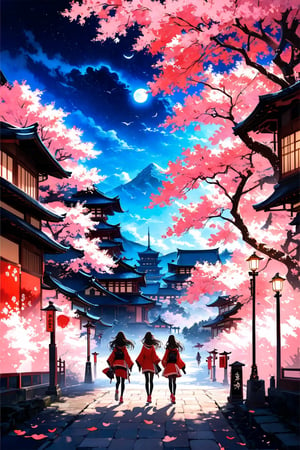 Official Art, Unity 8K Wallpaper, Extreme Detailed, Beautiful and Aesthetic, Masterpiece, Top Quality, perfect anatomy, a beautifully drawn (((ink illustration))) depicting, integrating elements of calligraphy, vintage, PINK and RED accents, watercolor painting, concept art, (best illustration), (best shadow), Analog Color Theme, vivid colours, contrast, smooth, sharp focus, scenery,

outdoors, sky, tree, night, japanese temple building, scenery, house, sakura blossom, sakura tree, falling_petals , lamppost, 2 girl, coat, narrow skirt, stockings, sport shoes, long-hair 