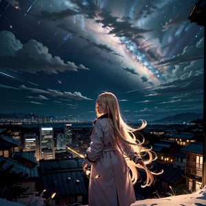 １people々々々々,blonde long hair,long coat,silhouette, Rear view,space sky, milky way, anime style, cherry blossoms,夜cherry blossoms,Cherry blossoms fluttering all around,Night view of the city from the mountainside,pastelbg,firefliesfireflies,Nature